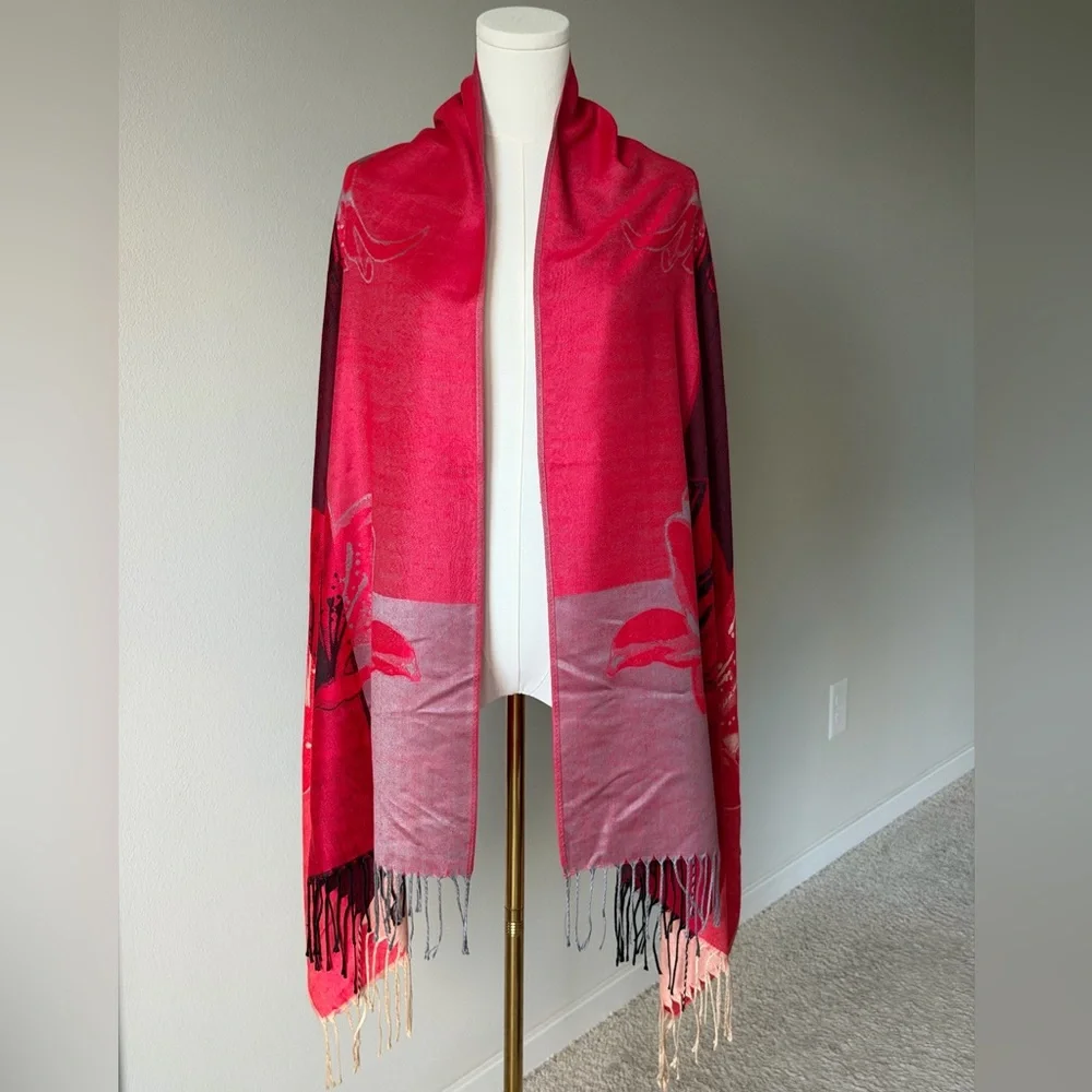Floral Ombré Red and Pink Scarf Wrap Shawl-72’& 27’